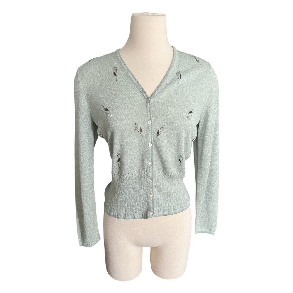 Vintage Y2K Petite Sophisticate Womens M Sage Green Floral Embroidered Cardigan